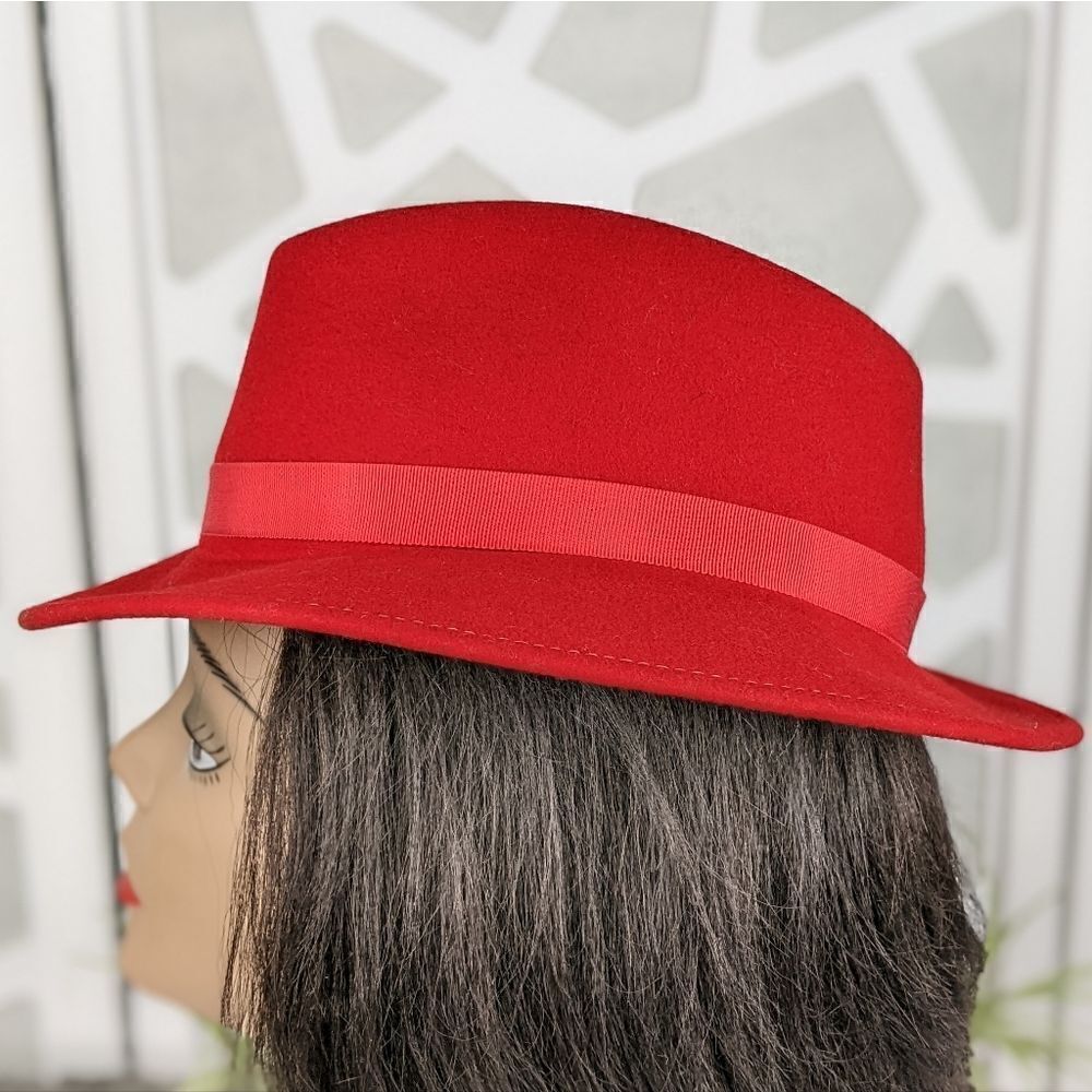 George GEO W Bollman 100% Wool Classic Red Fedora Hat With Feather In Band - Picture 5 of 7
